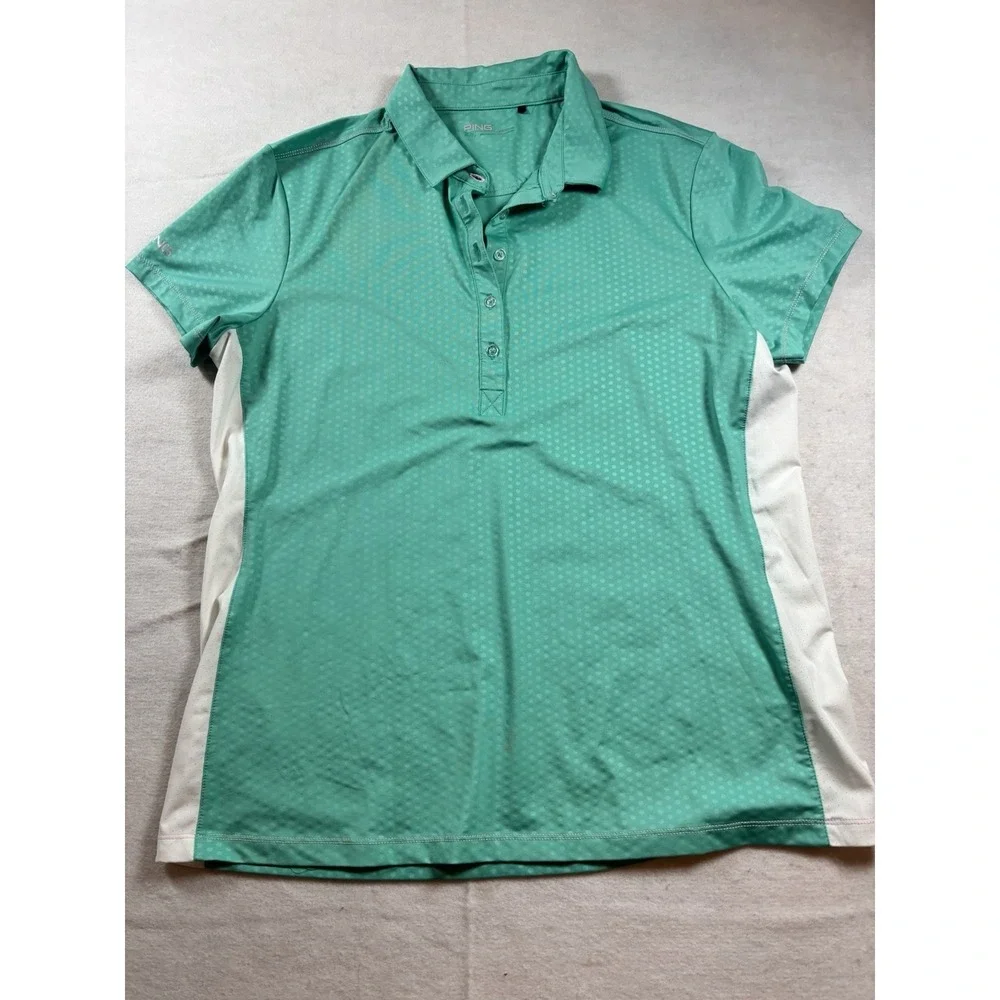PING Golf Polo Performance Womens XL Green/White‎ Sides Short Sleeve